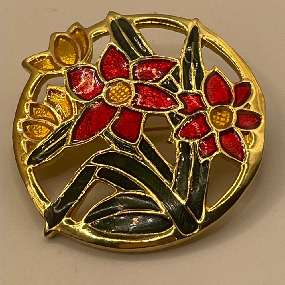 Gold Floral Enamel Cloisonné Brooch with Red & Yellow Flowers 1.5” Round